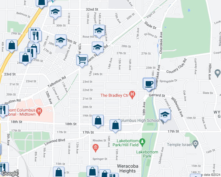 map of restaurants, bars, coffee shops, grocery stores, and more near 1431 22nd Street in Columbus