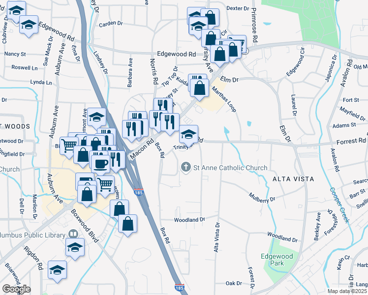 map of restaurants, bars, coffee shops, grocery stores, and more near 3556 Trinity Drive in Columbus