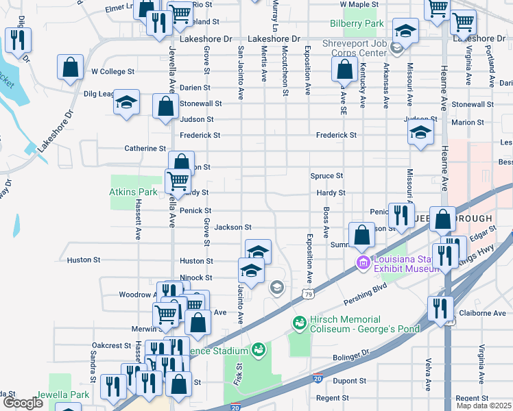 map of restaurants, bars, coffee shops, grocery stores, and more near 3412 Penick Street in Shreveport