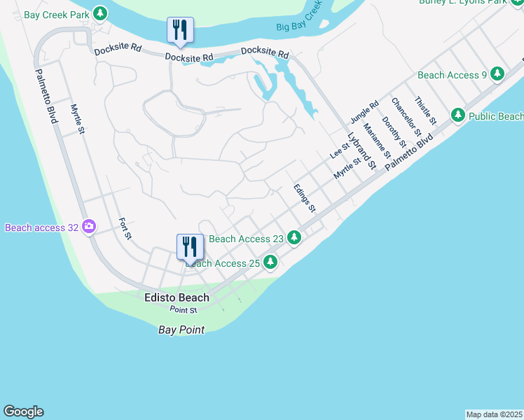 map of restaurants, bars, coffee shops, grocery stores, and more near 2312 Seabrook Street in Edisto Island
