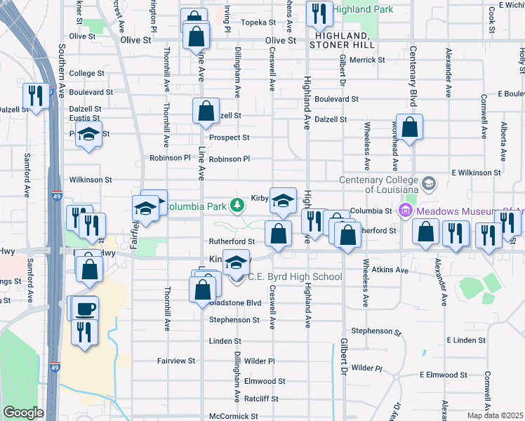 map of restaurants, bars, coffee shops, grocery stores, and more near 616 Columbia Street in Shreveport