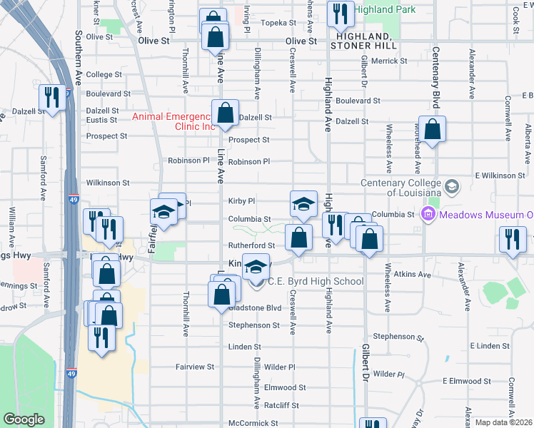 map of restaurants, bars, coffee shops, grocery stores, and more near 702 Columbia Street in Shreveport
