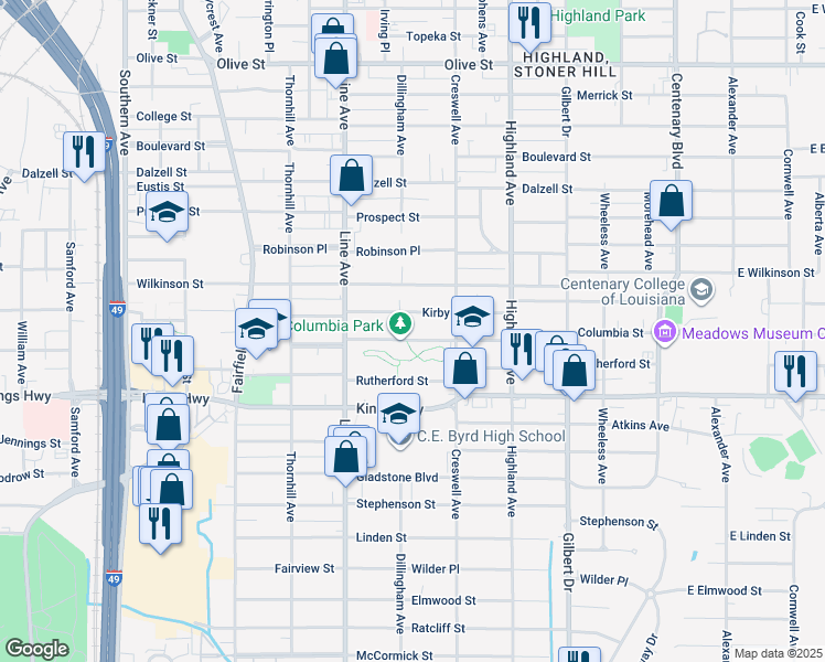 map of restaurants, bars, coffee shops, grocery stores, and more near 702 Columbia Street in Shreveport