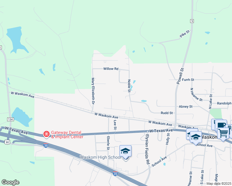 map of restaurants, bars, coffee shops, grocery stores, and more near 410 Pinewood Street in Waskom