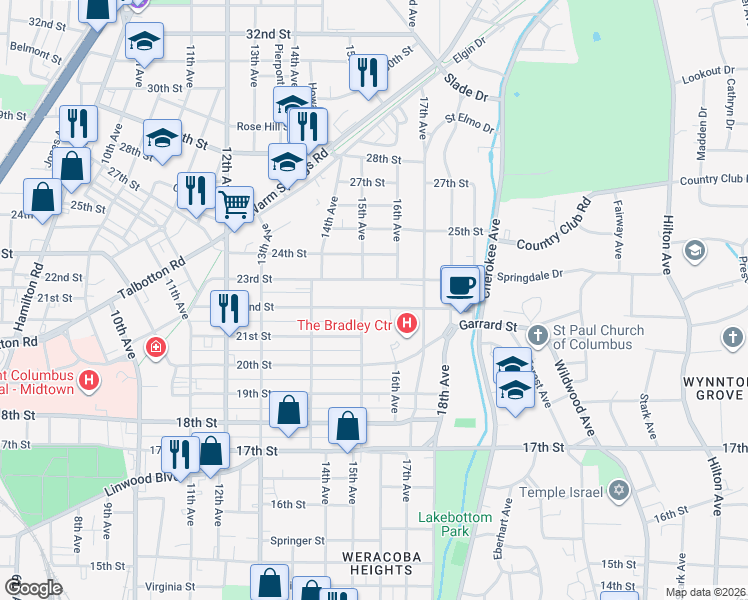 map of restaurants, bars, coffee shops, grocery stores, and more near 1523 22nd Street in Columbus