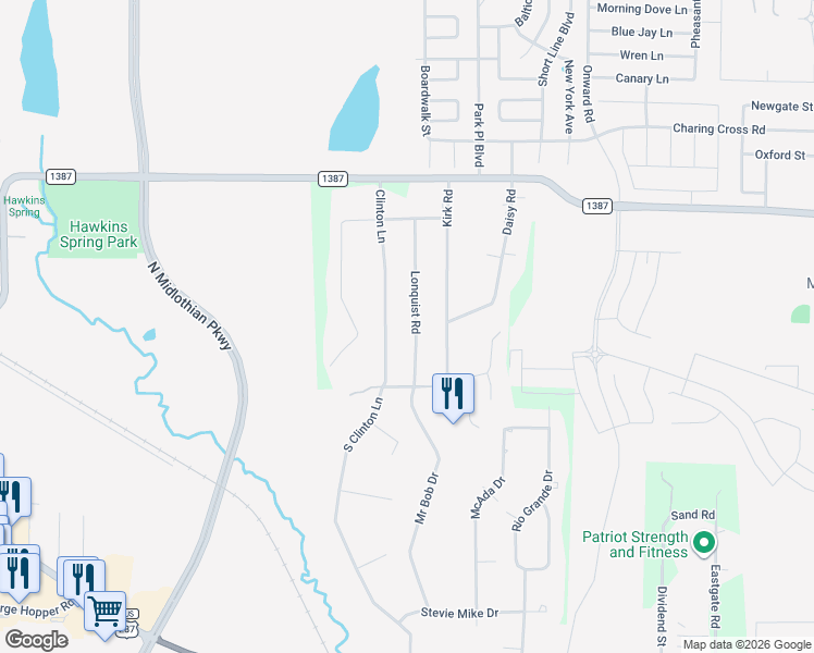 map of restaurants, bars, coffee shops, grocery stores, and more near 311 Lonquist Road in Midlothian