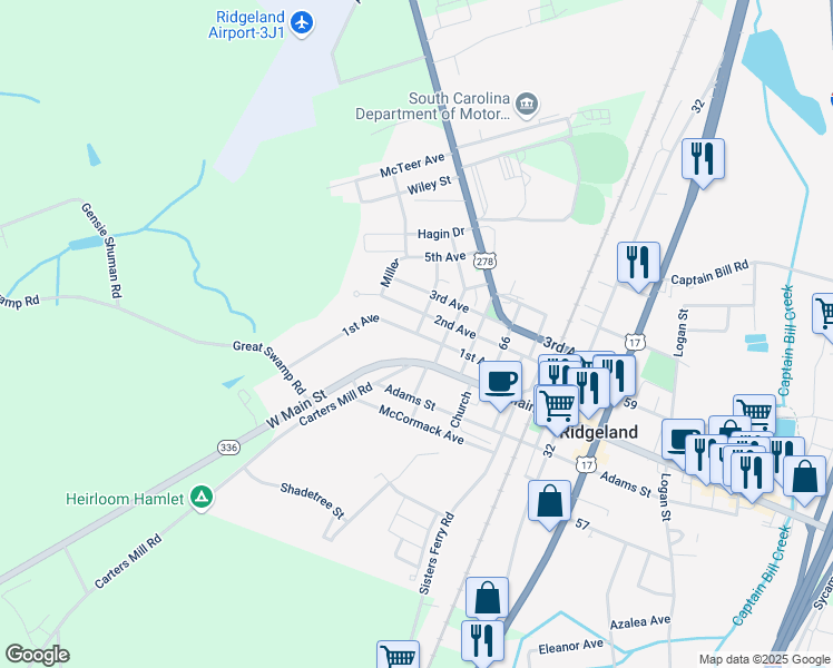 map of restaurants, bars, coffee shops, grocery stores, and more near 800 State Road S-27-68 in Ridgeland