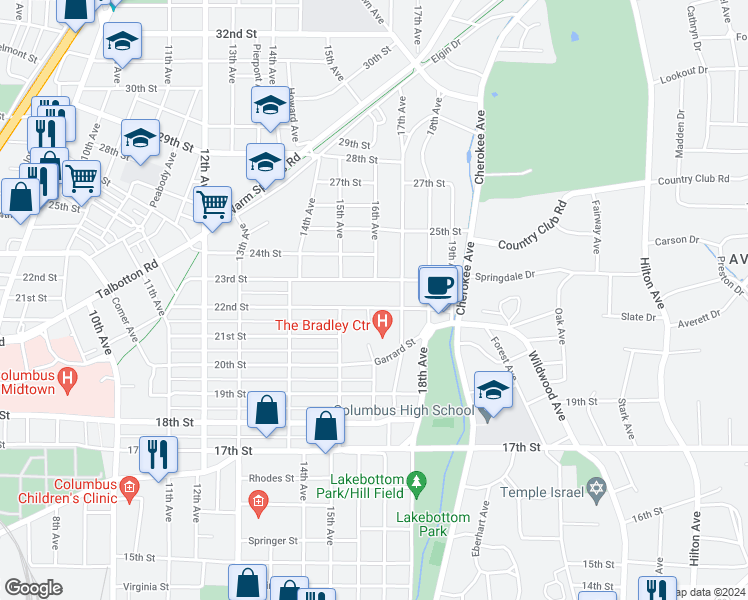 map of restaurants, bars, coffee shops, grocery stores, and more near 1601 22nd Street in Columbus