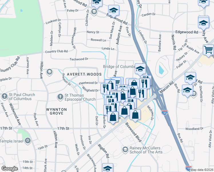 map of restaurants, bars, coffee shops, grocery stores, and more near 2559 Auburn Avenue in Columbus