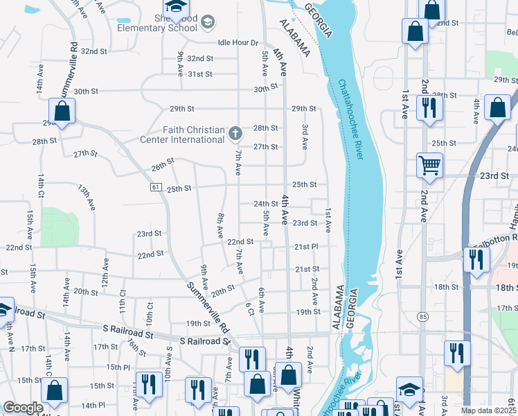 map of restaurants, bars, coffee shops, grocery stores, and more near 503 24th Street in Phenix City
