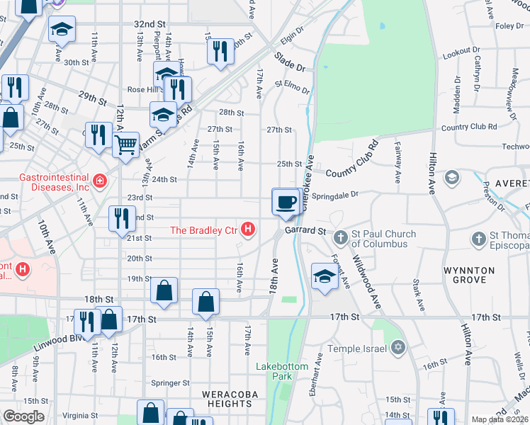 map of restaurants, bars, coffee shops, grocery stores, and more near 2204 17th Avenue in Columbus