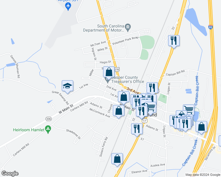 map of restaurants, bars, coffee shops, grocery stores, and more near 198 74 in Ridgeland