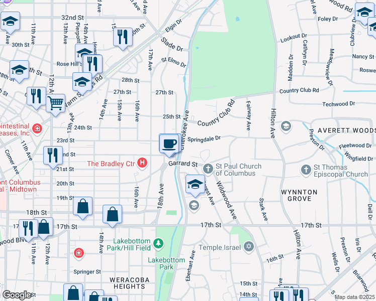 map of restaurants, bars, coffee shops, grocery stores, and more near 2112 Cherokee Avenue in Columbus
