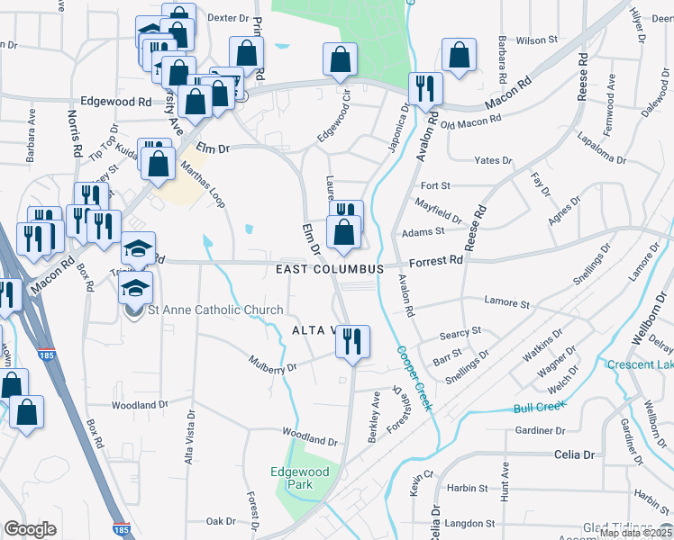 map of restaurants, bars, coffee shops, grocery stores, and more near 6400 Forrest Road in Columbus