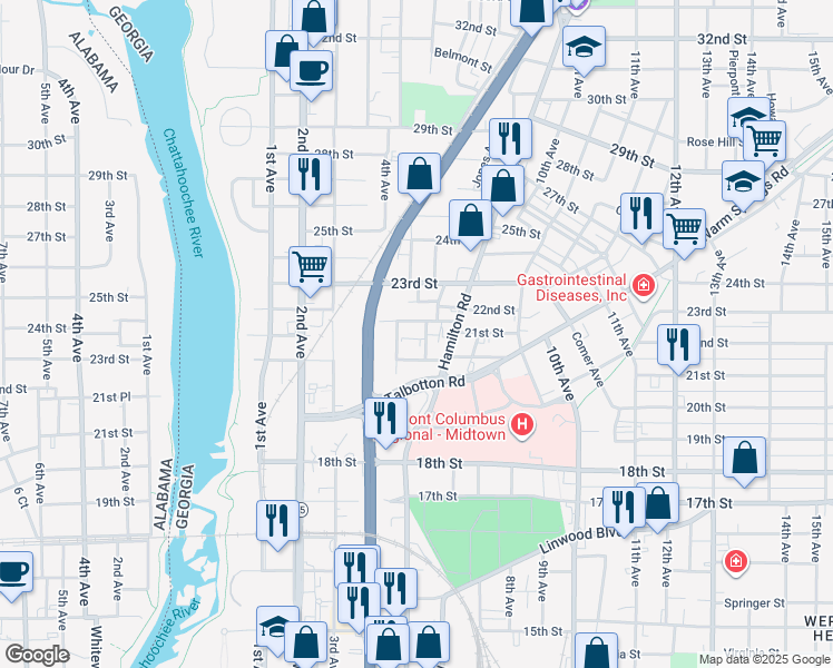 map of restaurants, bars, coffee shops, grocery stores, and more near 2021 6th Avenue in Columbus