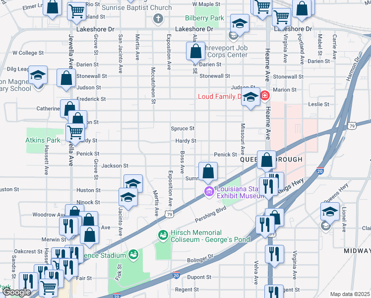 map of restaurants, bars, coffee shops, grocery stores, and more near 2915 Boss Avenue in Shreveport