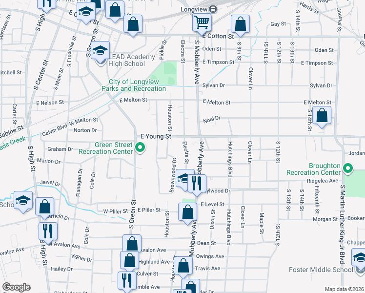 map of restaurants, bars, coffee shops, grocery stores, and more near 607 Electra Street in Longview