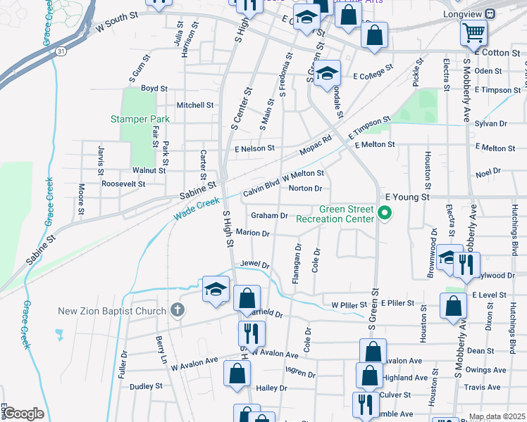 map of restaurants, bars, coffee shops, grocery stores, and more near 407 Graham Drive in Longview