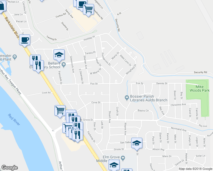 map of restaurants, bars, coffee shops, grocery stores, and more near 1436 Fox St in Bossier City