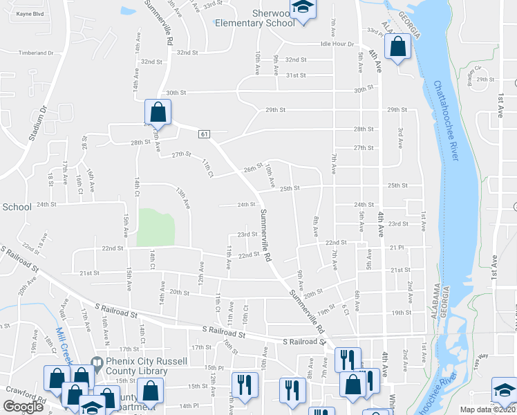 map of restaurants, bars, coffee shops, grocery stores, and more near 2313 Summerville Road in Phenix City
