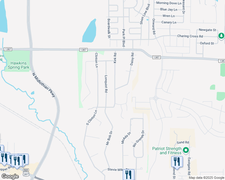 map of restaurants, bars, coffee shops, grocery stores, and more near 301 Kirk Road in Midlothian