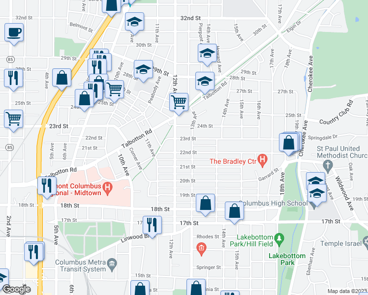 map of restaurants, bars, coffee shops, grocery stores, and more near 1209 22nd Street in Columbus