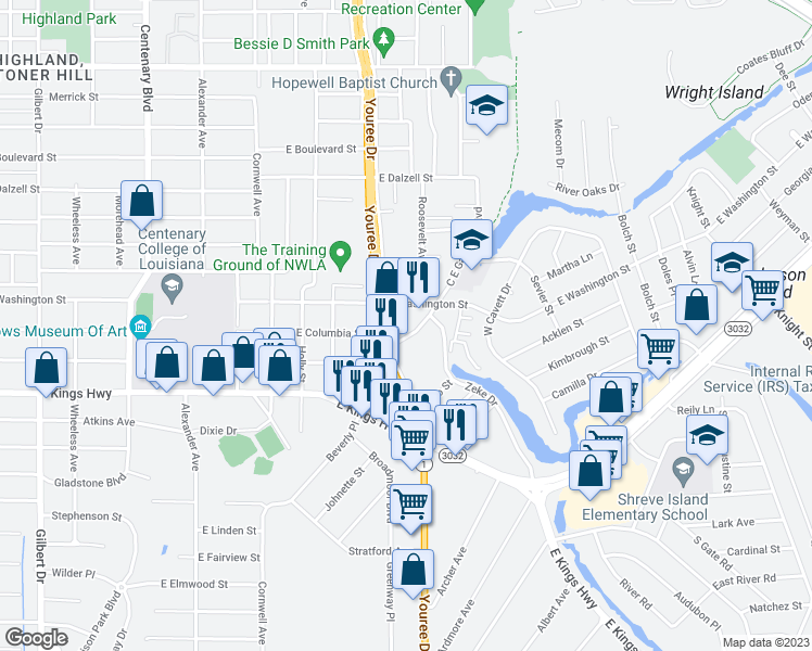 map of restaurants, bars, coffee shops, grocery stores, and more near 506 Anderson Avenue in Shreveport