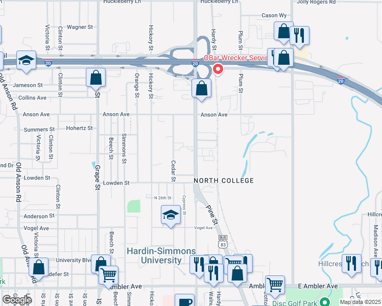 map of restaurants, bars, coffee shops, grocery stores, and more near 2825 Cedar Street in Abilene