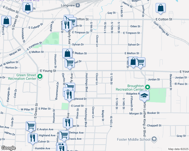 map of restaurants, bars, coffee shops, grocery stores, and more near 615 Oakdale Ave in Longview