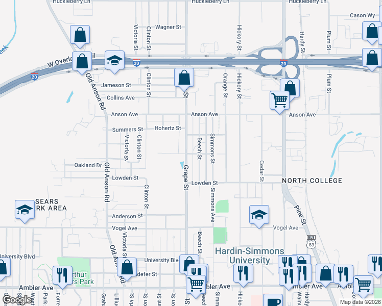 map of restaurants, bars, coffee shops, grocery stores, and more near 2800 Grape Street in Abilene