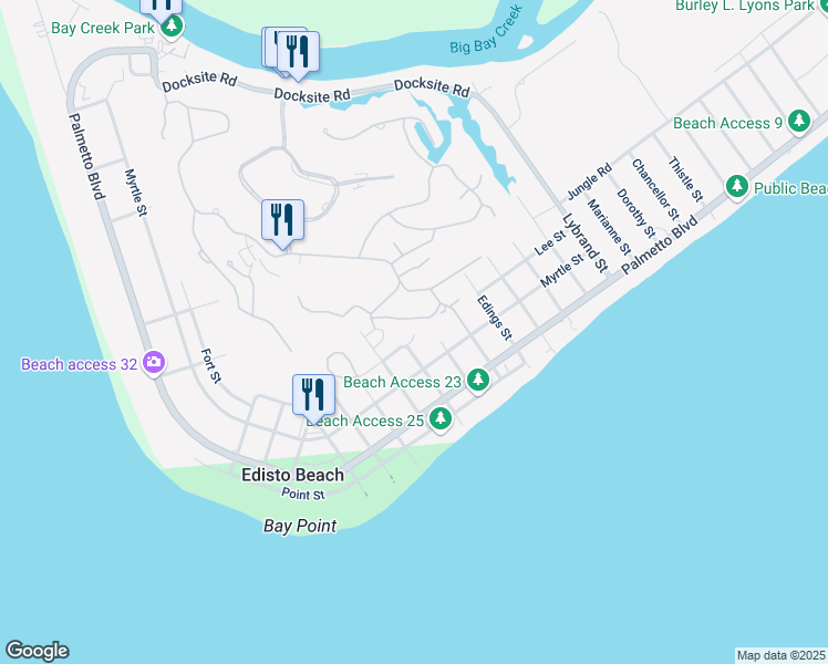 map of restaurants, bars, coffee shops, grocery stores, and more near 2312 Seabrook Street in Edisto Island