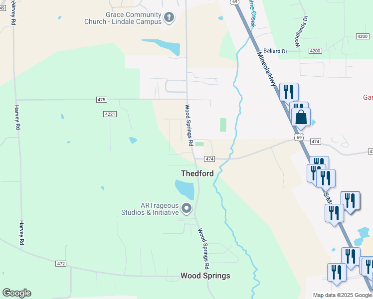 map of restaurants, bars, coffee shops, grocery stores, and more near 15000-15210 Wood Springs Rd in Lindale