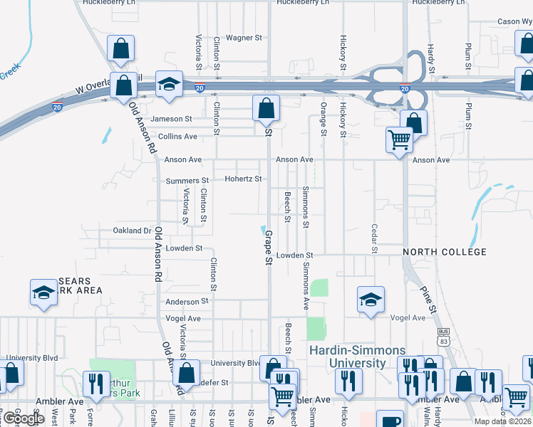 map of restaurants, bars, coffee shops, grocery stores, and more near 2800 Grape Street in Abilene