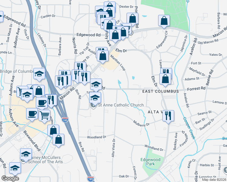 map of restaurants, bars, coffee shops, grocery stores, and more near 3644 Forrest Road in Columbus