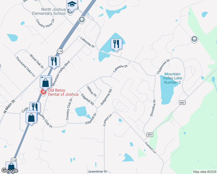 map of restaurants, bars, coffee shops, grocery stores, and more near 710 Ridgeway Road in Joshua