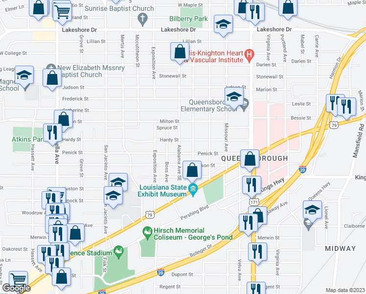 map of restaurants, bars, coffee shops, grocery stores, and more near 2921 Alabama Avenue in Shreveport