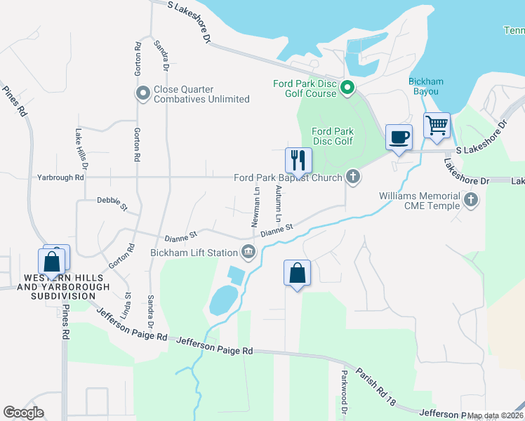 map of restaurants, bars, coffee shops, grocery stores, and more near 3229 Newman Lane in Shreveport