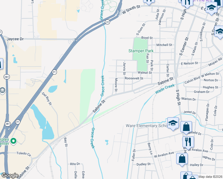 map of restaurants, bars, coffee shops, grocery stores, and more near 709 Augusta Street in Longview