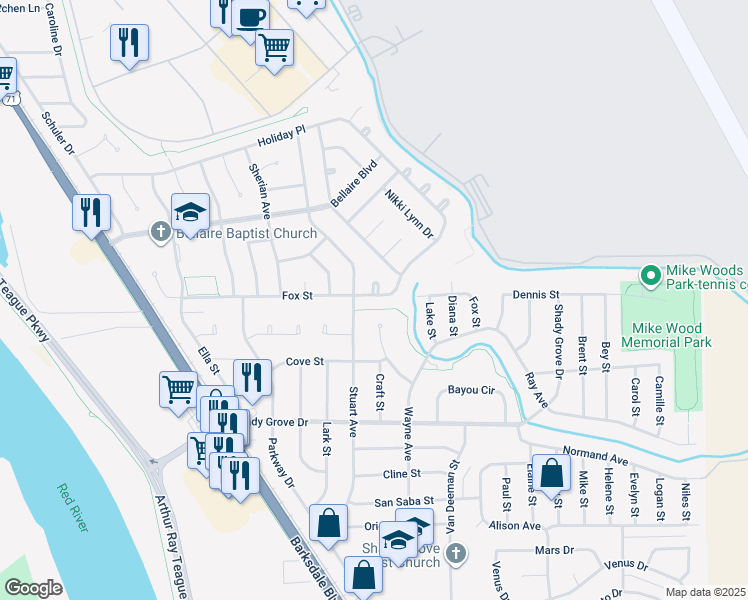 map of restaurants, bars, coffee shops, grocery stores, and more near 1506 Fox Street in Bossier City