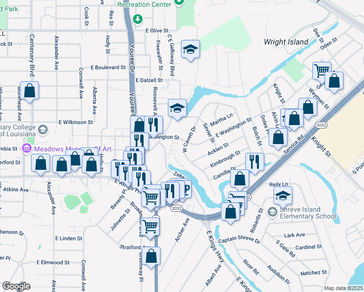 map of restaurants, bars, coffee shops, grocery stores, and more near 2808 West Cavett Drive in Shreveport