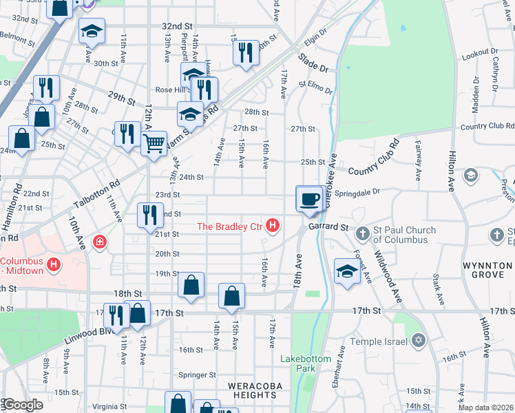map of restaurants, bars, coffee shops, grocery stores, and more near 1523 22nd St in Columbus