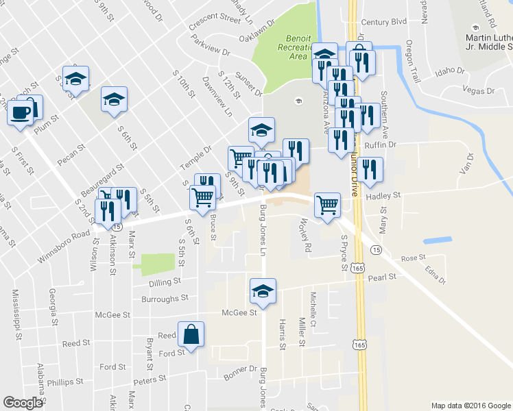 map of restaurants, bars, coffee shops, grocery stores, and more near 1318 Winnsboro Rd in Monroe
