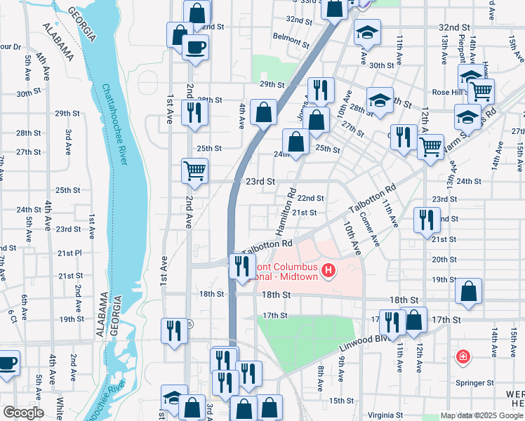 map of restaurants, bars, coffee shops, grocery stores, and more near 2027 6th Avenue in Columbus