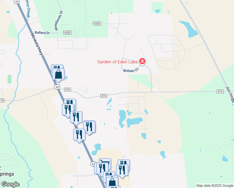 map of restaurants, bars, coffee shops, grocery stores, and more near 490 County Road 474 in Lindale