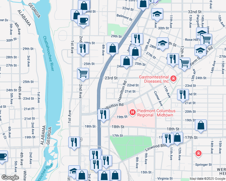 map of restaurants, bars, coffee shops, grocery stores, and more near 2027 6th Avenue in Columbus