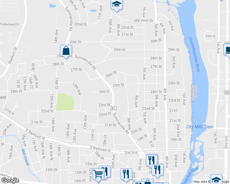map of restaurants, bars, coffee shops, grocery stores, and more near 2313 Summerville Road in Phenix City