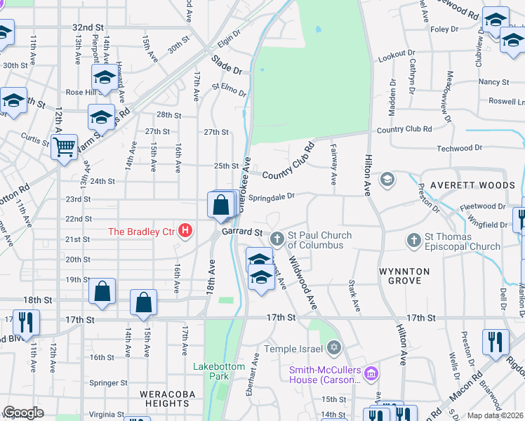 map of restaurants, bars, coffee shops, grocery stores, and more near 2221 Wildwood Circle in Columbus