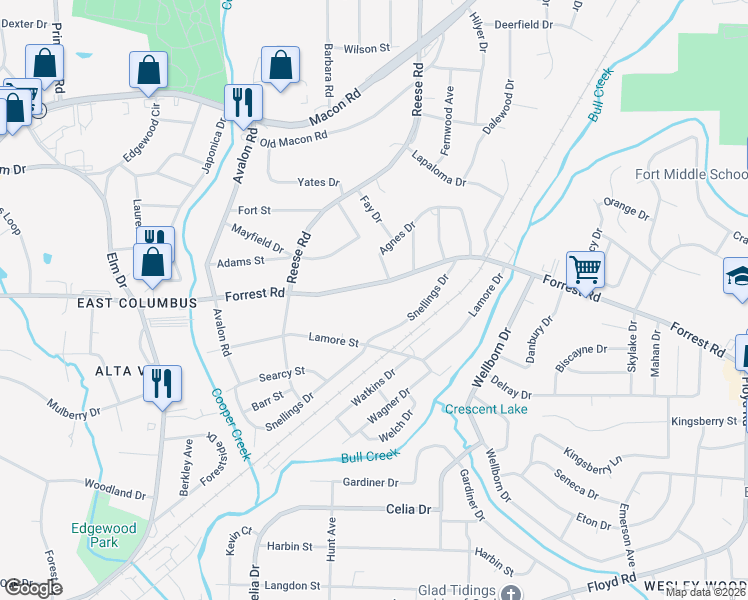 map of restaurants, bars, coffee shops, grocery stores, and more near 4384 Forrest Road in Columbus