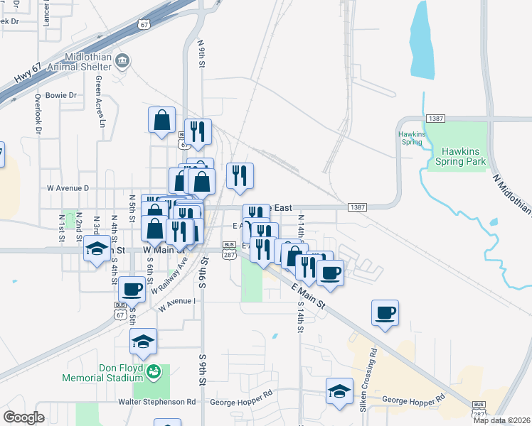 map of restaurants, bars, coffee shops, grocery stores, and more near 402 E Avenue East in Midlothian