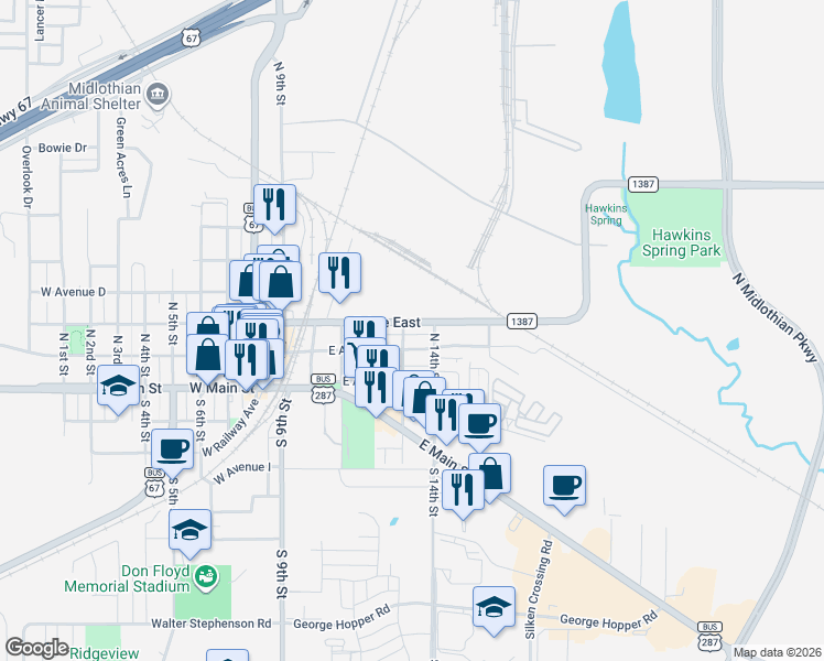 map of restaurants, bars, coffee shops, grocery stores, and more near 506 E Avenue East in Midlothian